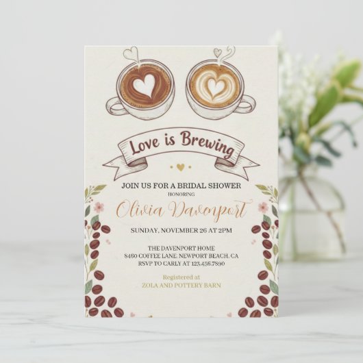 Love is Brewing Coffee Hand Drawn Bridal Shower 招待状 (スタンド正面)