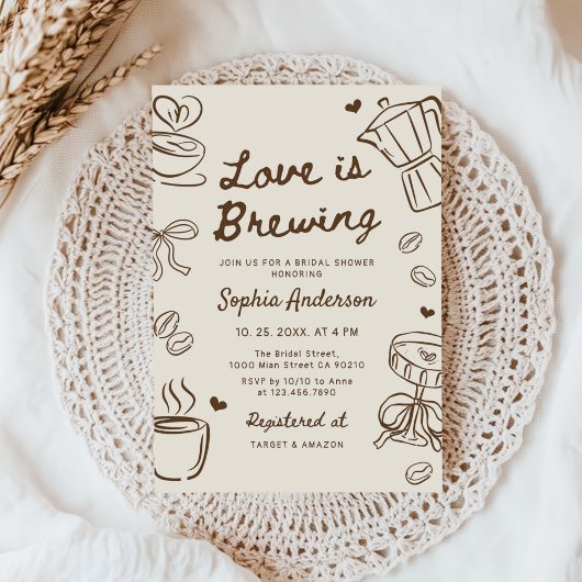 Love is Brewing Coffee Hand Drawn Bridal Shower 招待状