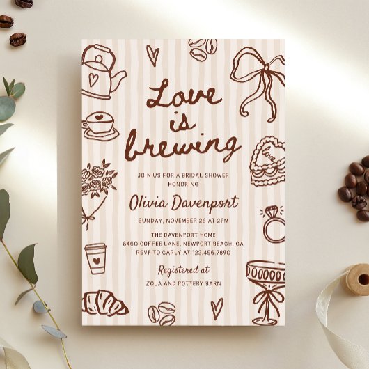 Love is Brewing Coffee Hand Drawn Bridal Shower 招待状