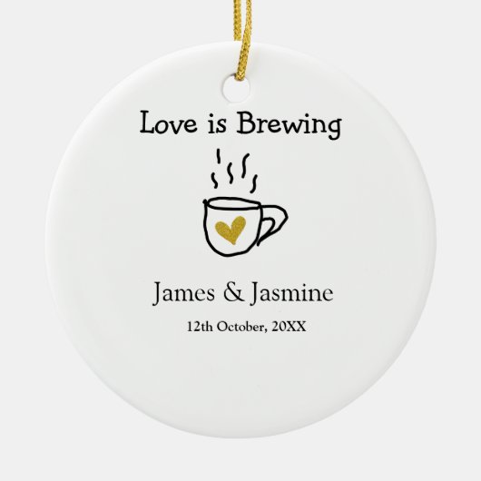 Love is Brewing coffee mug金ゴールドハートカップル名 セラミックオーナメント (正面)