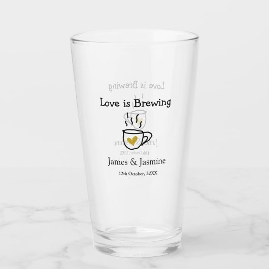 Love is Brewing coffee mug金ゴールドハートカップル名 タンブラーグラス (正面)
