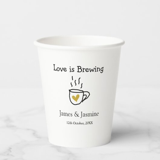 Love is Brewing coffee mug金ゴールドハートカップル名 紙コップ (正面)