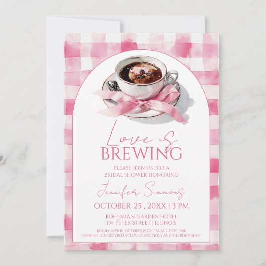 Love Is Brewing Coffee Pink Bow Bridal Shower 招待状 (正面)