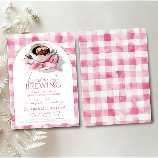 Love Is Brewing Coffee Pink Bow Bridal Shower 招待状