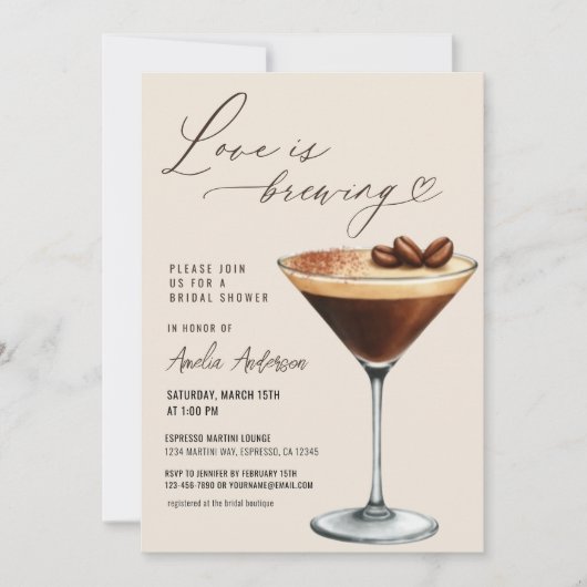 Love is Brewing Espresso Martini Bridal Shower 招待状 (正面)