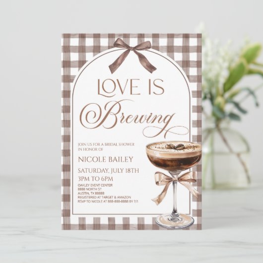 Love Is Brewing Expresso Martini Bow Bridal Shower 招待状 (スタンド正面)