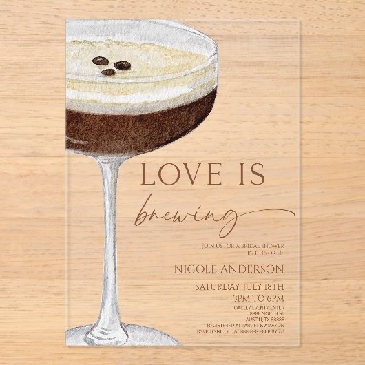 Love Is Brewing Expresso Martini Bridal Shower アクリル招待状 (正面)