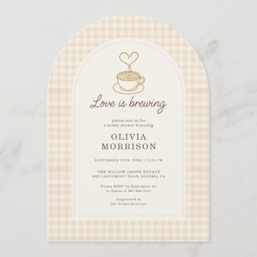 Love is Brewing Gingham Coffee Bridal Shower 招待状 (正面)