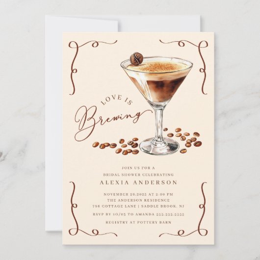 Love Is Brewing Martini Bridal Shower 招待状 (正面)