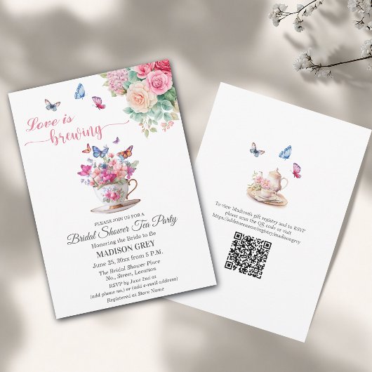 Love is Brewing QR Code Bridal Shower Tea Party 招待状