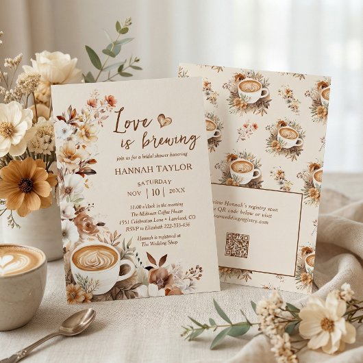 Love is Brewing QR Code Coffee Bridal Shower 招待状