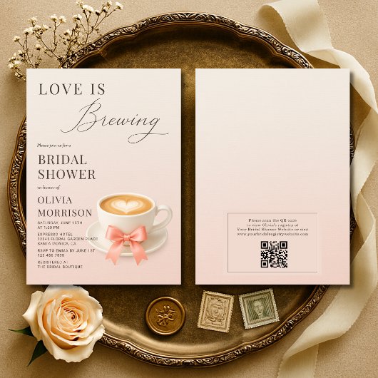 Love is Brewing QR Code Coffee Bridal Shower 招待状