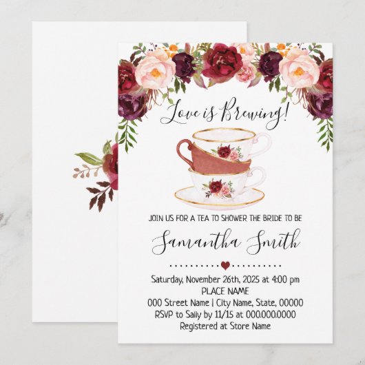 Love is brewing tea shower marsala invitation シーズンカード (正面/裏面)