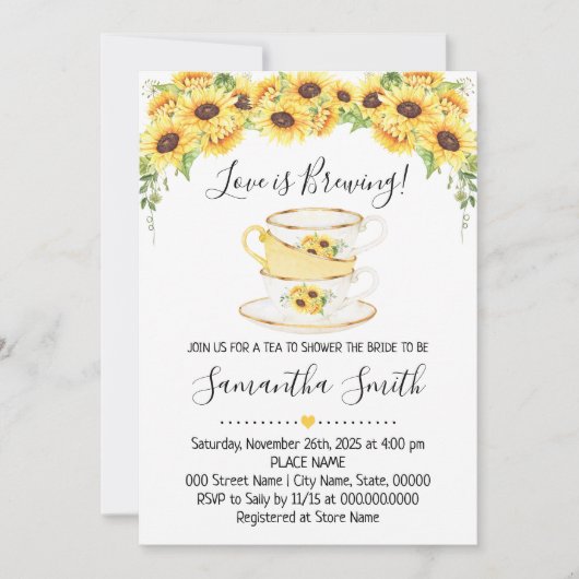 Love is brewing tea sunflowers shower invitation シーズンカード (正面)