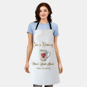 Love is Brewing white coffee mug heart bridal show エプロン (着用した状態)