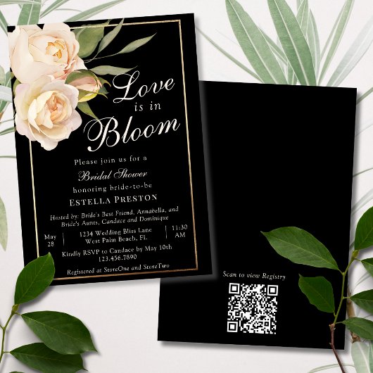 Love is in Bloom 白いバラと黒のブライダルシャワー 招待状