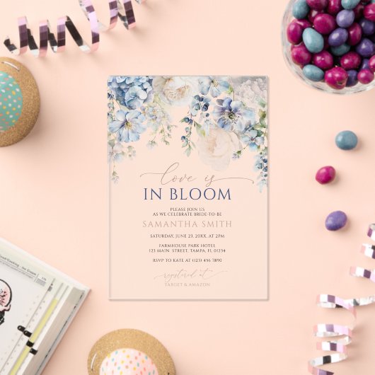Love is in Bloom Blue Hydrangea Bridal Shower アクリル招待状 (インサイチュ (お祝い))