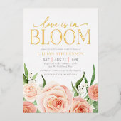 Love Is In Bloom Blush Pink Floral Bridal Shower 箔招待状 (正面)