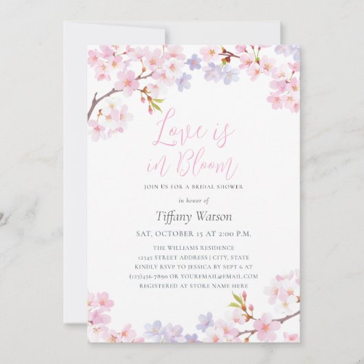 Love is in Bloom Cherry Blossom Bridal Shower 招待状 (正面)