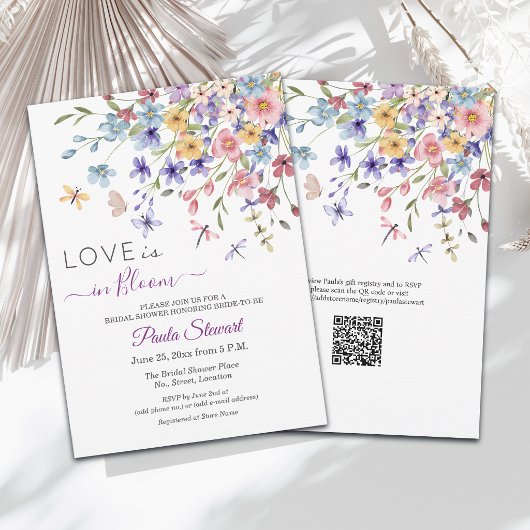 Love is in Bloom Dragonflies QR Code Bridal Shower 招待状
