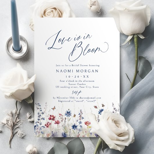 Love is in Bloom Navy Wildflower Bridal Shower 招待状