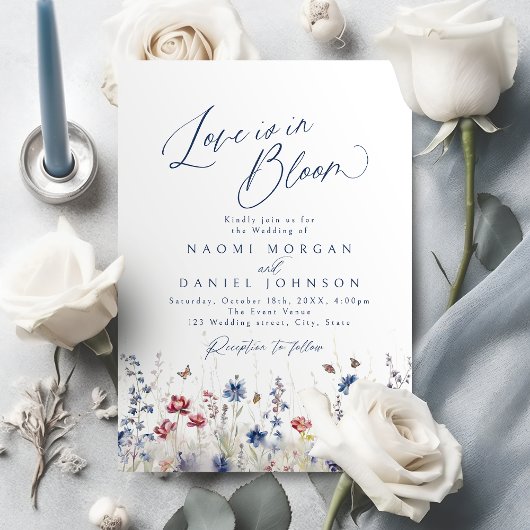 Love is in Bloom Navy Wildflower Rustic Wedding 招待状