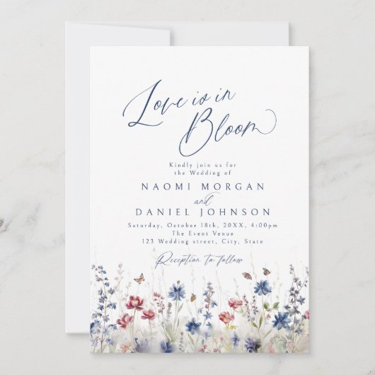 Love is in Bloom Navy Wildflower Rustic Wedding 招待状 (正面)