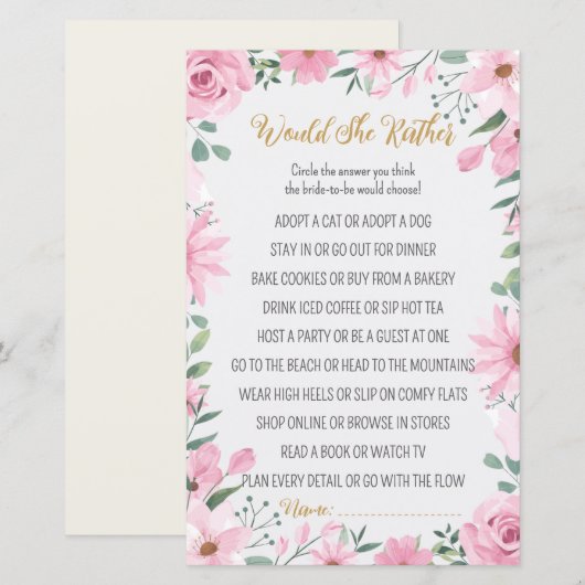 Love is in Bloom Shower Would She Rather Game (正面/裏面)