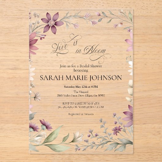 Love is in Bloom Spring Floral Bridal Shower アクリル招待状 (正面)