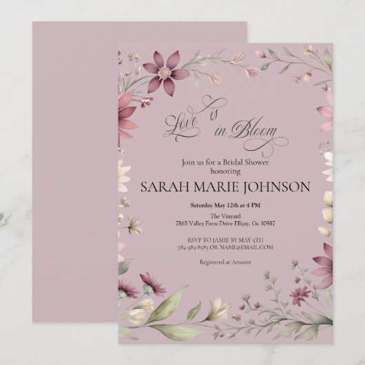 Love is in Bloom Spring Floral Bridal Shower 招待状 (正面/裏面)