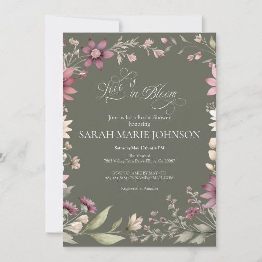 Love is in Bloom Spring Floral Bridal Shower 招待状 (正面)