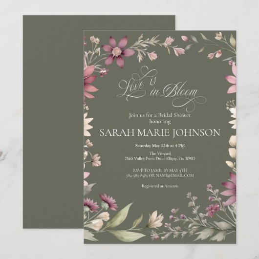 Love is in Bloom Spring Floral Bridal Shower 招待状 (正面/裏面)