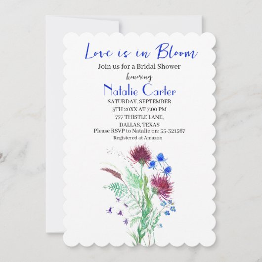 Love is in Bloom Thistle Floral Bridal Shower  招待状 (正面)