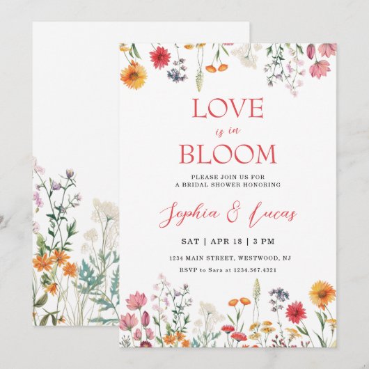 Love is in Bloom Wildflower Bridal Shower 招待状 (正面/裏面)