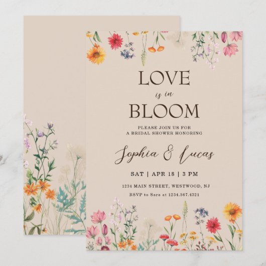Love is in Bloom Wildflower Bridal Shower 招待状 (正面/裏面)