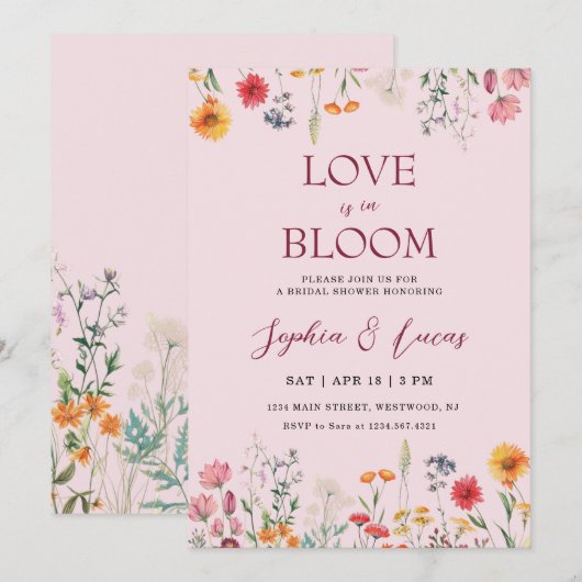 Love is in Bloom Wildflower Bridal Shower 招待状 (正面/裏面)