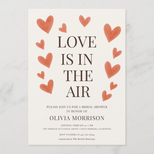 Love is in the Air Hearts QR Code Bridal Shower 招待状 (正面)