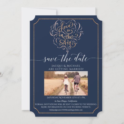 Love is in the Air Navy Script Typography Heart 招待状 (正面)