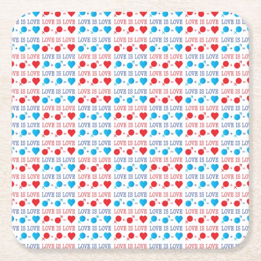 LOVE is LOVE引用文in red and blue スクエアペーパーコースター (正面)