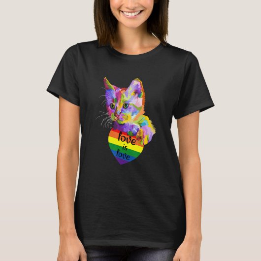 Love Is Love Cat LGBT Flag Gay Pride Month Rainbow Tシャツ (正面)