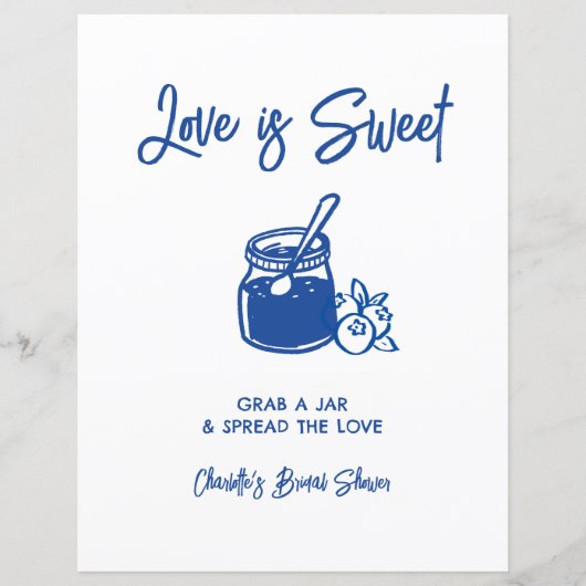 Love Is Sweet Blue Bridal Shower Jam Bar Sign (正面)