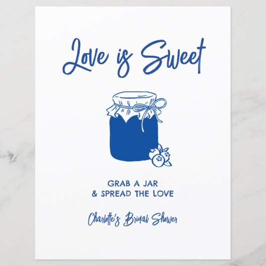 Love Is Sweet Blue Bridal Shower Jam Bar Sign (正面)