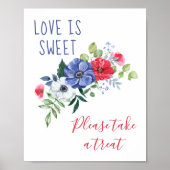 Love is Sweet Red White and Blue Floral Table Sign ポスター (正面)