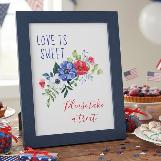 Love is Sweet Red White and Blue Floral Table Sign ポスター