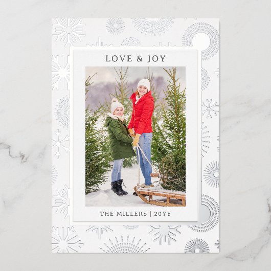 Love & Joyクリスマスフォトシルバーモダンスノーフレーク 箔シーズンカード (正面)