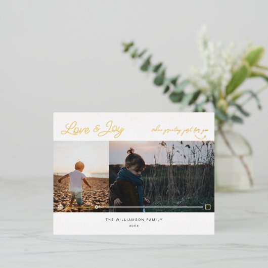 Love & Joy 2フォトミニマルQRコードビデオメッセージ 箔シーズンポストカード (立ち正面)