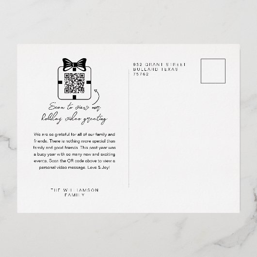 Love & Joy 2フォトミニマルQRコードビデオメッセージ 箔シーズンポストカード (裏面)
