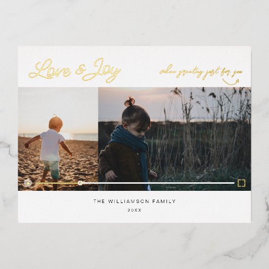 Love & Joy 2フォトミニマルQRコードビデオメッセージ 箔シーズンポストカード (正面)