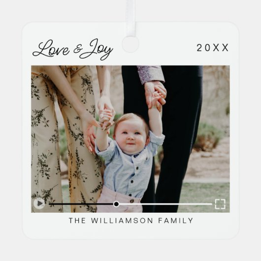 Love & Joy Modern Minimal QR Code Video Message メタルオーナメント (正面)