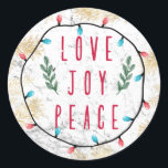 Love Joy Peace for Christmas Holiday with lights ラウンドシール<br><div class="desc">Love Joy Peace for Christmas Holiday with lights クラシック Round Sticker</div>